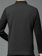 [Pearson OBM] Men'S Faux Two-Piece Long Sleeve Polo Shirt, Business Casual Style, Knit Collar V-Neck Patchwork Design with Button Placket, Ribbed Striped Cuffs And Collar, Mid-Career Men'S Business Top for Daily Gatherings And Commuting - Black