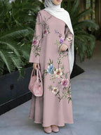 Women'S Hot Middle Eastern Style Muslim Elegant Robe, Dusty Pink Multi-Color Floral Branch Print Dress, Loose A-Line Long Sleeve, Daily Prayer And Banquet Wear, Good Drape Non-Wrinkle Non- Craft - Mixed colors