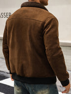American Retro Motorcycle Jacket, Men's Velvet Lined Pilot Jacket, Warm Collar Full Zipper Jacket, Thick Velvet Jacket, Casual Street Workwear Top, Suitable for Daily Wear in Cold Autumn and Winter - Coffee Color