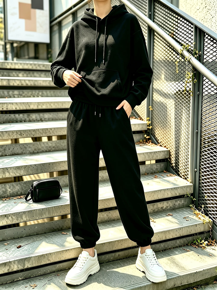 Autumn Winter Trendy Fashion Hooded Drawstring Sweatshirt And Jogger Pants Women'S Set, Hooded Drawstring Design, Front Kangaroo Pocket on Sweatshirt, Comfortable Wear for Cold Weather, Classic Silhouette, Comfortable Fit - Black