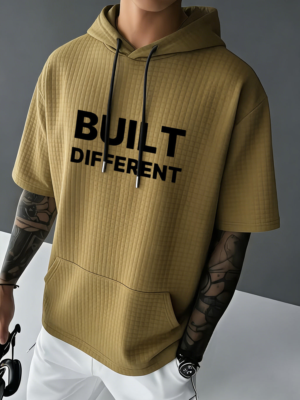BUILT DIFFERENT Men's Waffle Knit Short-Sleeve Hooded Sweatshirt with Comfortable Print and Drawstring, Pocketed T-Shirt, Summer Casual Fashion Men's Wear, Suitable for Outings and Home Wear, Ideal for Daily and Formal Occasions, Simple Summer - Khaki