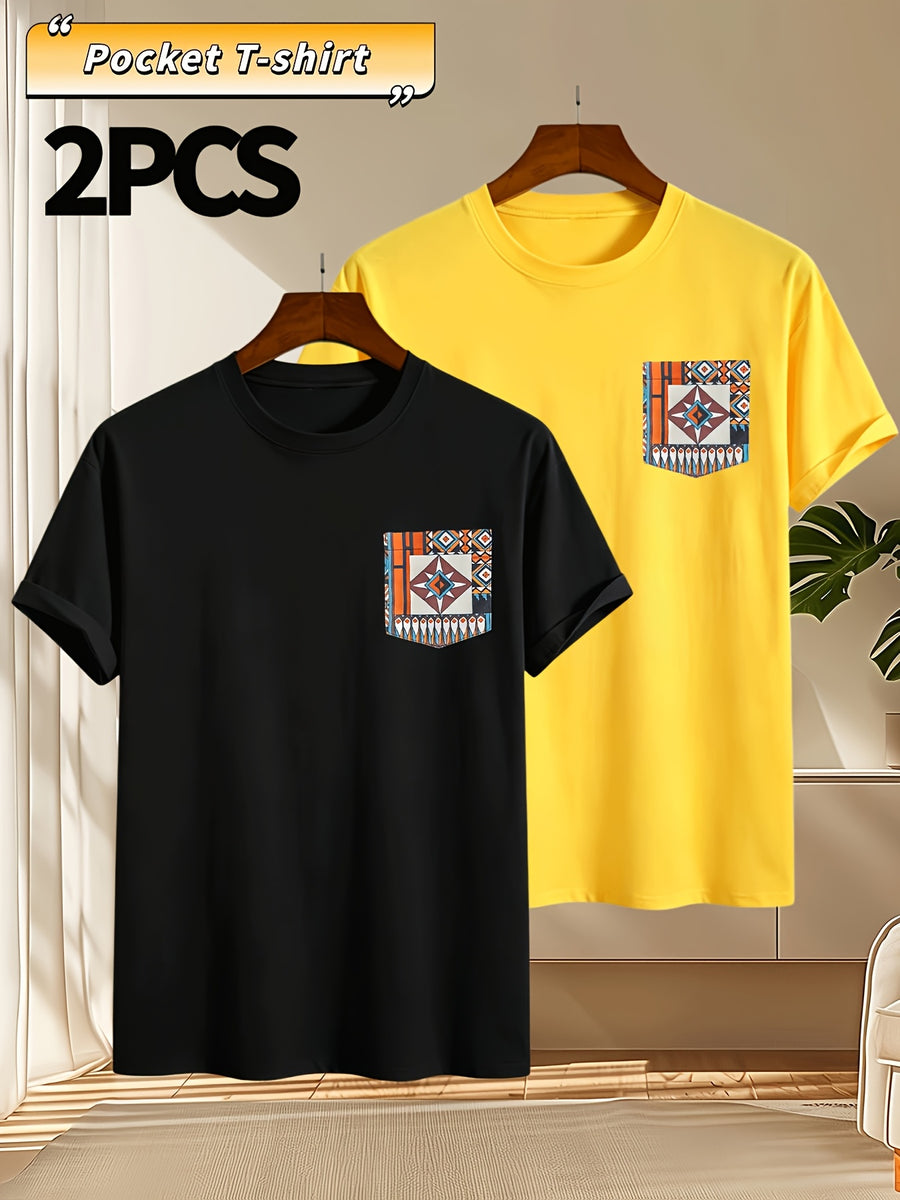 2pcs Men's Round Neck Pocket Short-Sleeve T-Shirt, Suitable for Summer Outdoor Casual Wear, Versatile Casual Knit Top, Men's Casual Pocket Design Sport T-Shirt - Black+Yellow