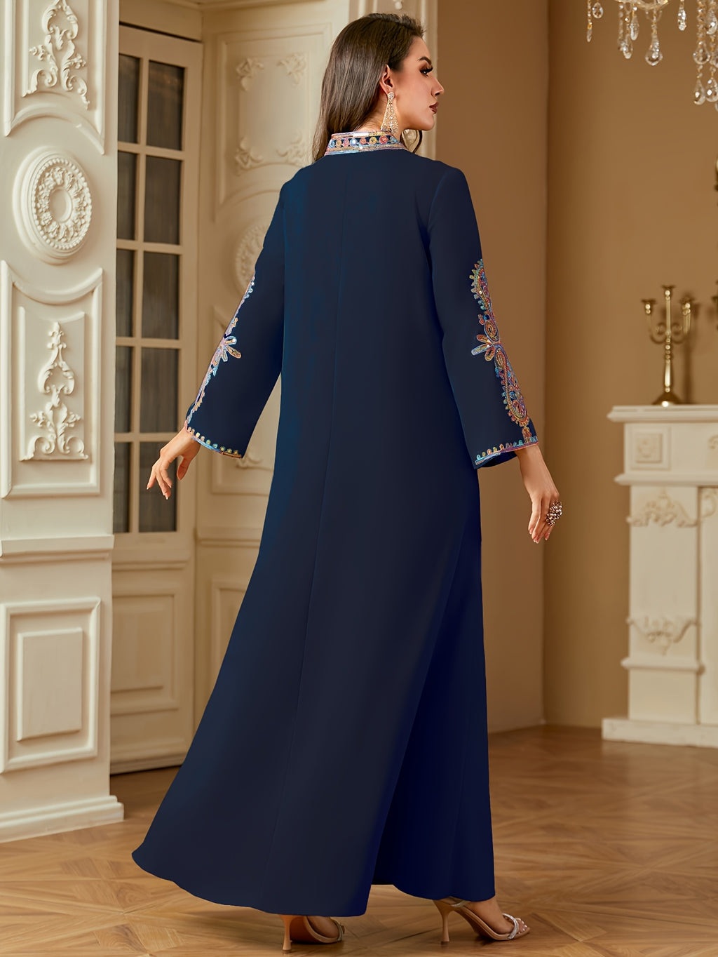 Middle Eastern Ramadan Fashion Beaded Rope Embroidery V-Neck Long Sleeve Dress - Navy Color