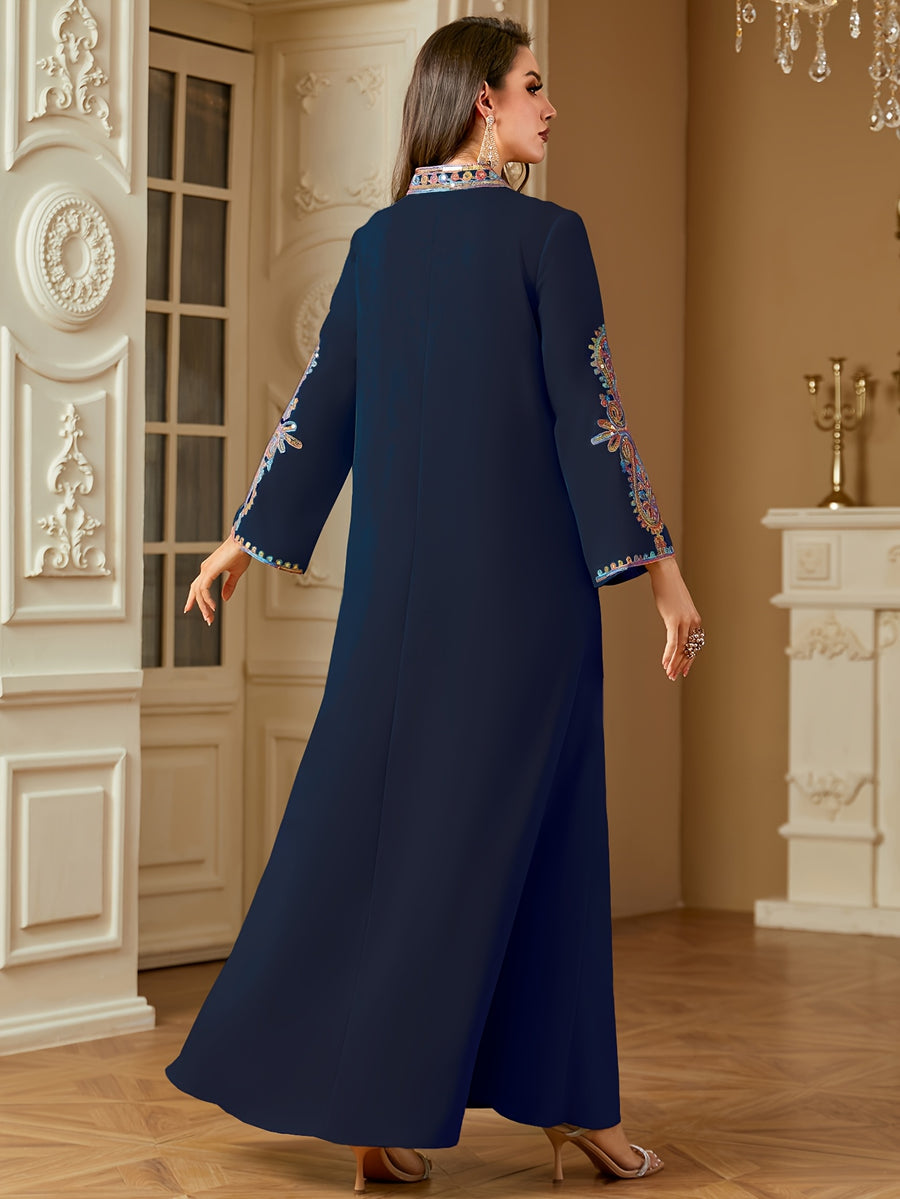 Middle Eastern Ramadan Fashion Beaded Rope Embroidery V-Neck Long Sleeve Dress - Navy Color