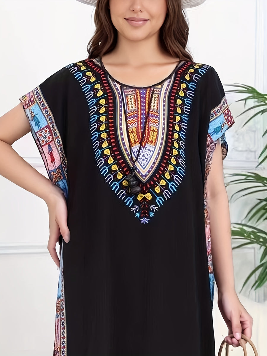 Ethnic Style Dress Summer New Bohemian Style Vacation Batwing Sleeve Dress Loose Beach Dress - Black