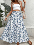 Women'S Blue White Floral Print Midi Skirt, High-Waist Elastic Waist A-Line Flared Long Skirt - Sky Blue