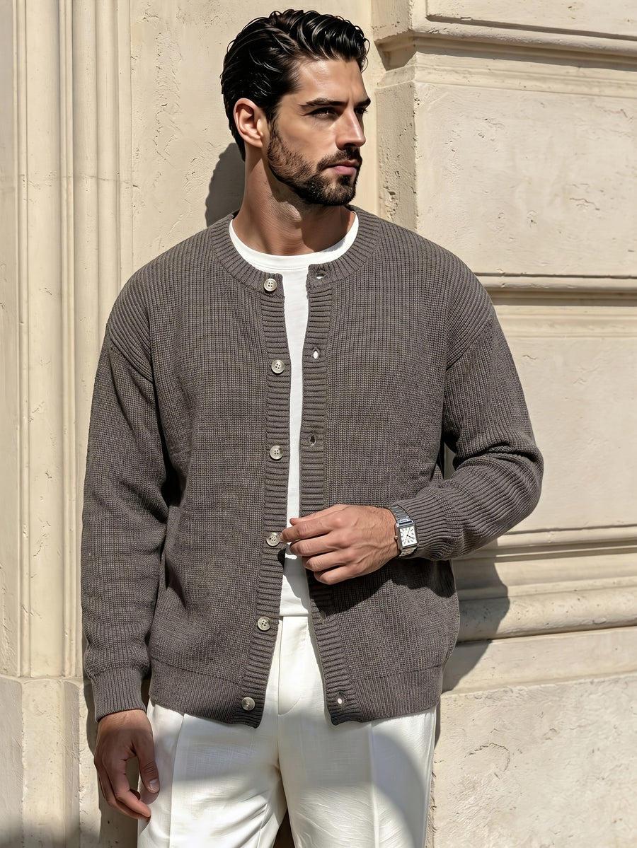 Autumn Winter 26 New Solid Color Round Neck Retro Thick Texture Sense Cardigan Unisex Outerwear Long Sleeve Sweater Khaki Short Length Open Front Jacket - Khaki