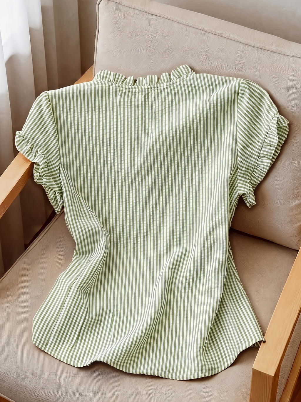 Women's Ruffle Collar Short Sleeve Single-Breasted Striped Shirt, Summer - Army Green