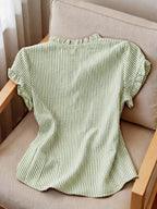 Women's Ruffle Collar Short Sleeve Single-Breasted Striped Shirt, Summer - Army Green