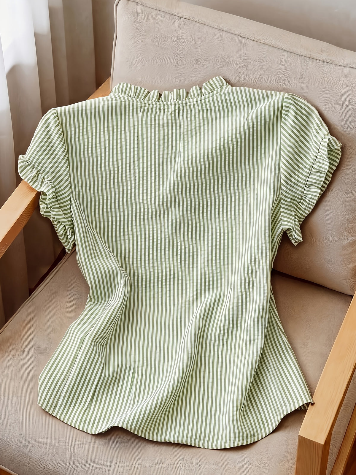 Women's Ruffle Collar Short Sleeve Single-Breasted Striped Shirt, Summer - Army Green