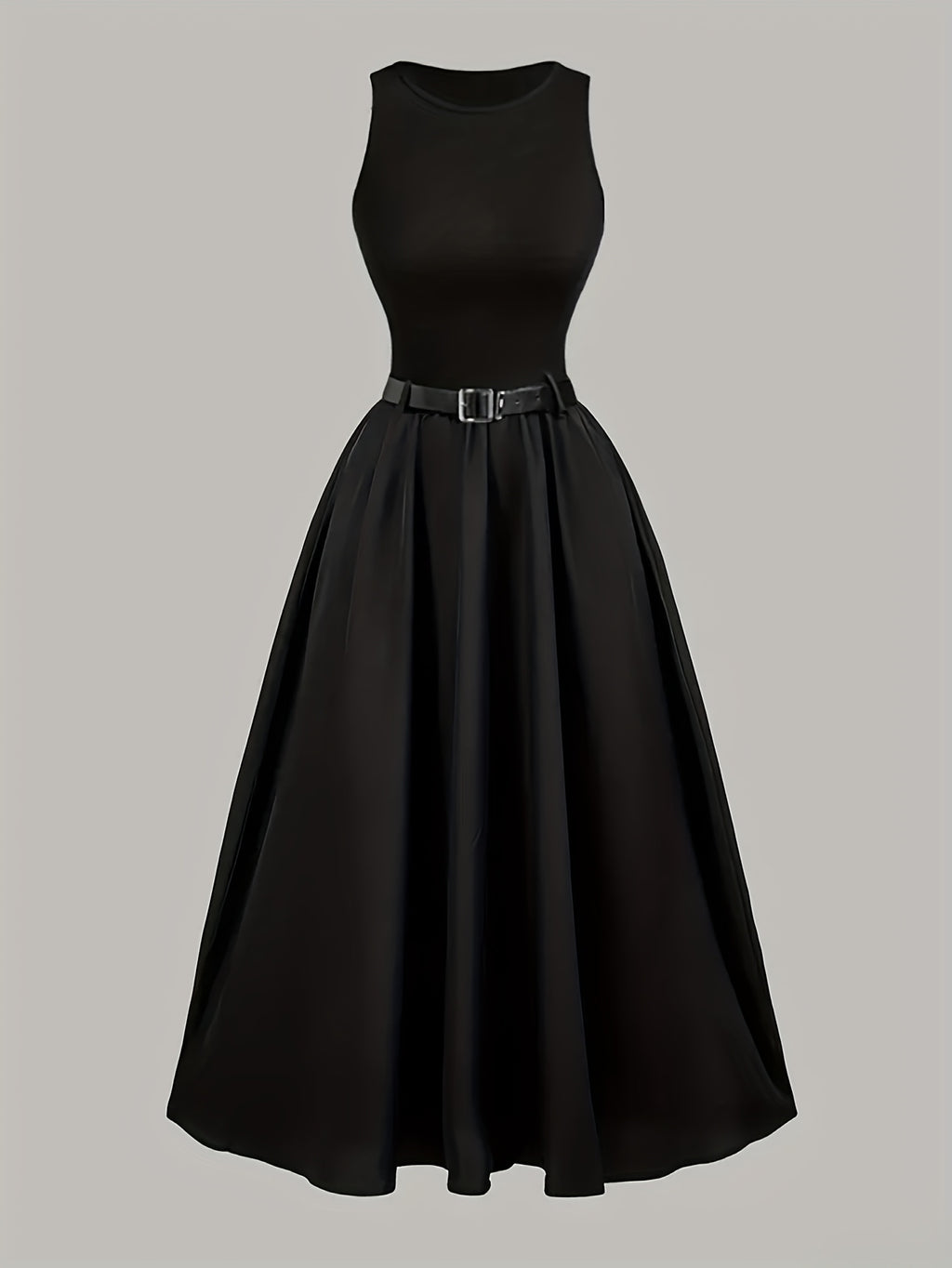 Elegant Black Sleeveless A-Line Midi Dress with Adjustable Waist Belt - Cinched Waist, Flowing Skirt, Round Neck, Perfect for Spring/Summer, Adult Women'S Fashion, Formal Event Attire|Sleek Fitted Top|Adjustable Waist Belt - Black