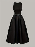 Elegant Black Sleeveless A-Line Midi Dress with Adjustable Waist Belt - Cinched Waist, Flowing Skirt, Round Neck, Perfect for Spring/Summer, Adult Women'S Fashion, Formal Event Attire|Sleek Fitted Top|Adjustable Waist Belt - Black