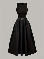 Elegant Black Sleeveless A-Line Midi Dress with Adjustable Waist Belt - Cinched Waist, Flowing Skirt, Round Neck, Perfect for Spring/Summer, Adult Women'S Fashion, Formal Event Attire|Sleek Fitted Top|Adjustable Waist Belt - Black