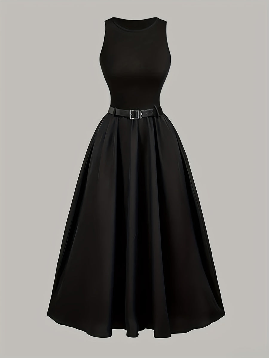Elegant Black Sleeveless A-Line Midi Dress with Adjustable Waist Belt - Cinched Waist, Flowing Skirt, Round Neck, Perfect for Spring/Summer, Adult Women'S Fashion, Formal Event Attire|Sleek Fitted Top|Adjustable Waist Belt - Black