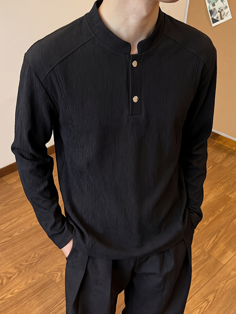Men'S Korean Style Cool Texture Henley Long Sleeve T-Shirt, Flowing Breathable Drop Shoulder Solid Color Casual Pullover, Suitable for Spring/Autumn Campus Shopping Short Trips - Black