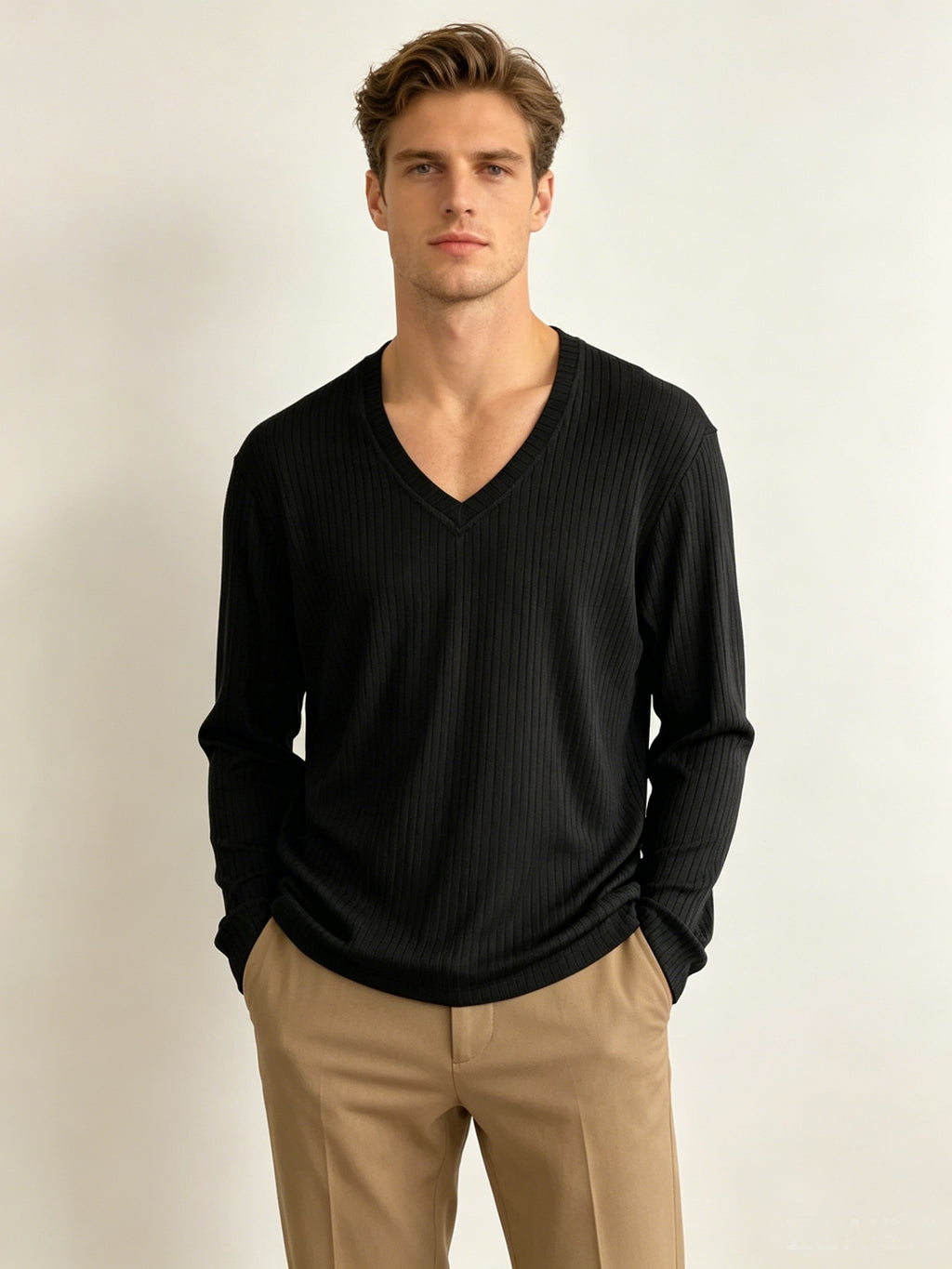 Men'S Black Vertical Ribbed V-Neck Long Sleeve T-Shirt, Easy Loose Drapey Solid Base Layer Commuter Casual Top - Black
