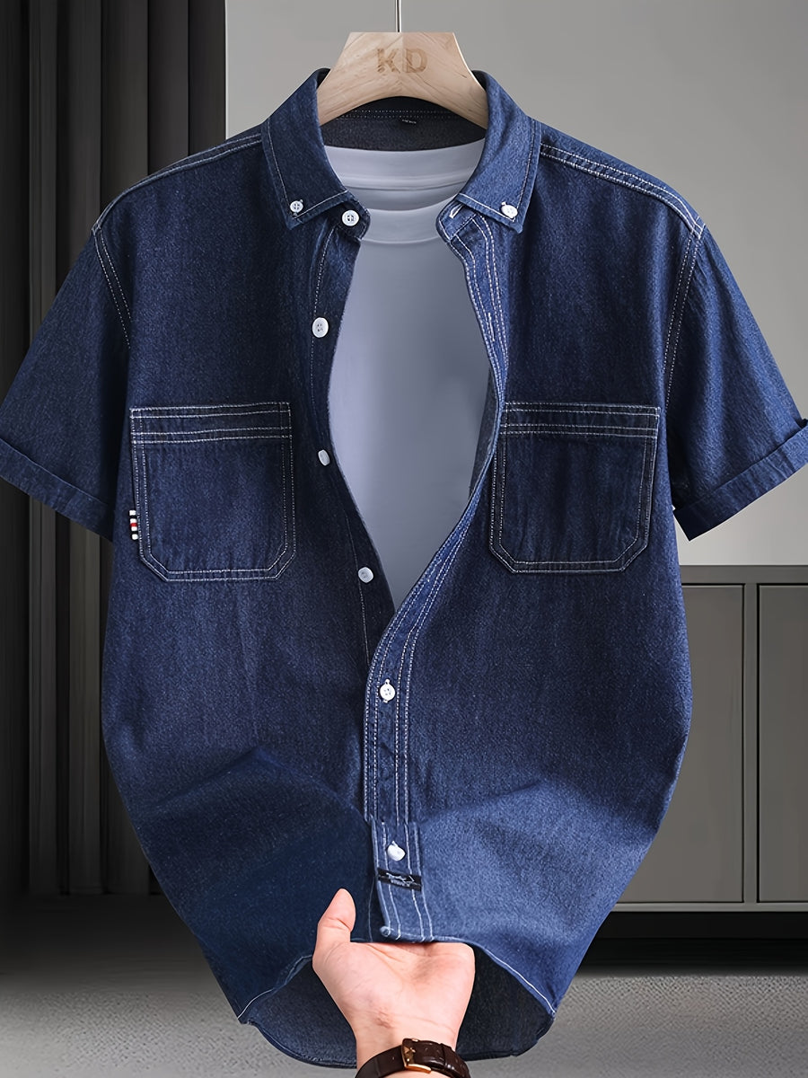 Men's Slim-Fit Short-Sleeve Denim Shirt, Summer All- Casual Shirt, Suitable for Work and Leisure Occasions, Multiple Sizes Available - Navy Color