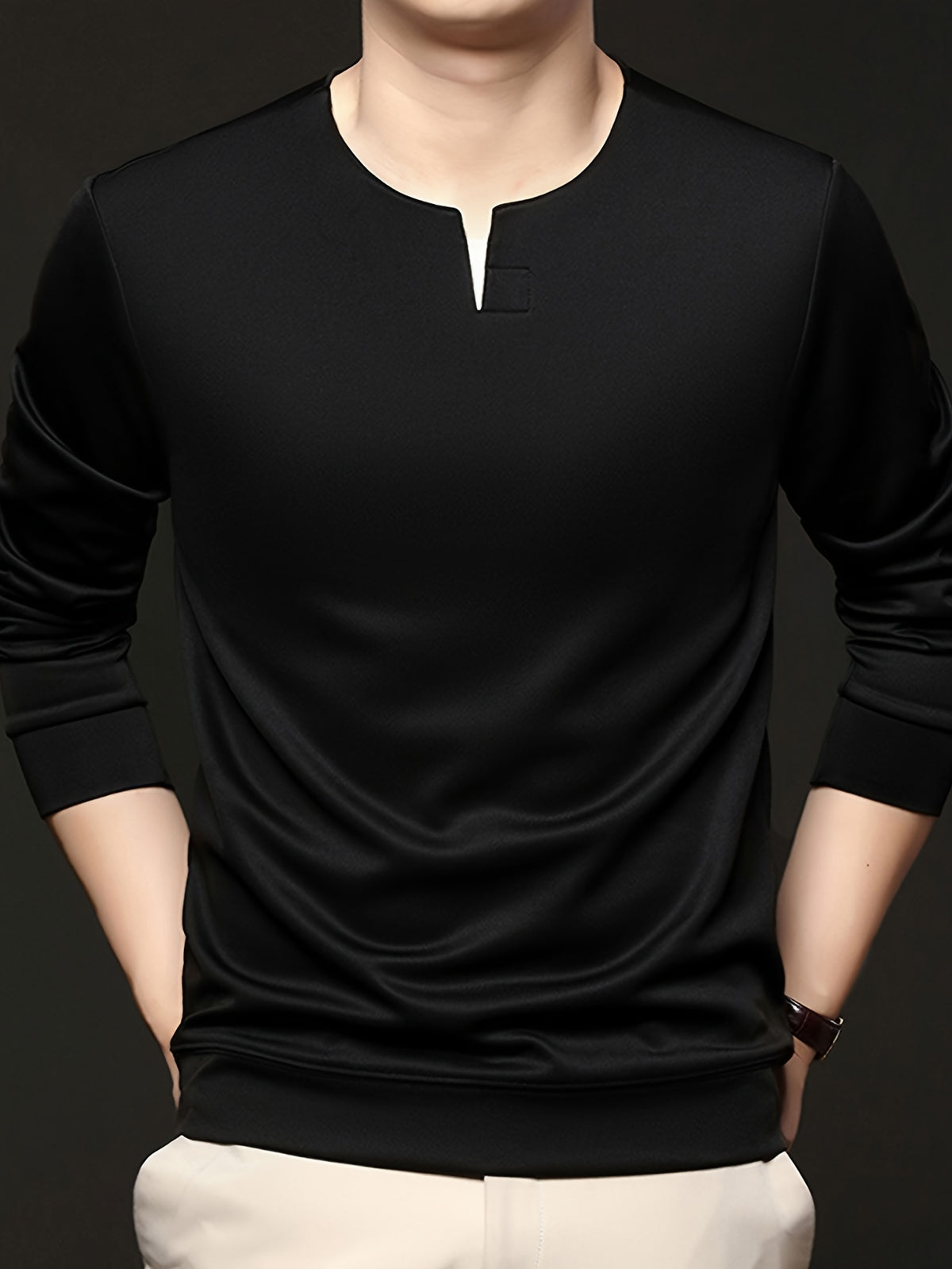 Spring/Autumn New Fashion Slim Fit Men'S Small V-Neck Long Sleeve Sweatshirt Comfortable Skin-Friendly Main Push Style - SINBOS - Black