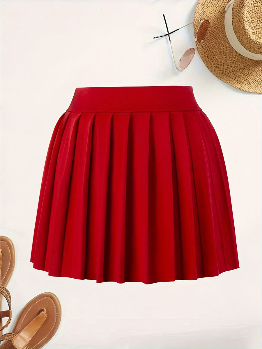 Solid Color Versatile High-Waist Pleated Mini Skirt - Flattering And Stylish for Women - Red