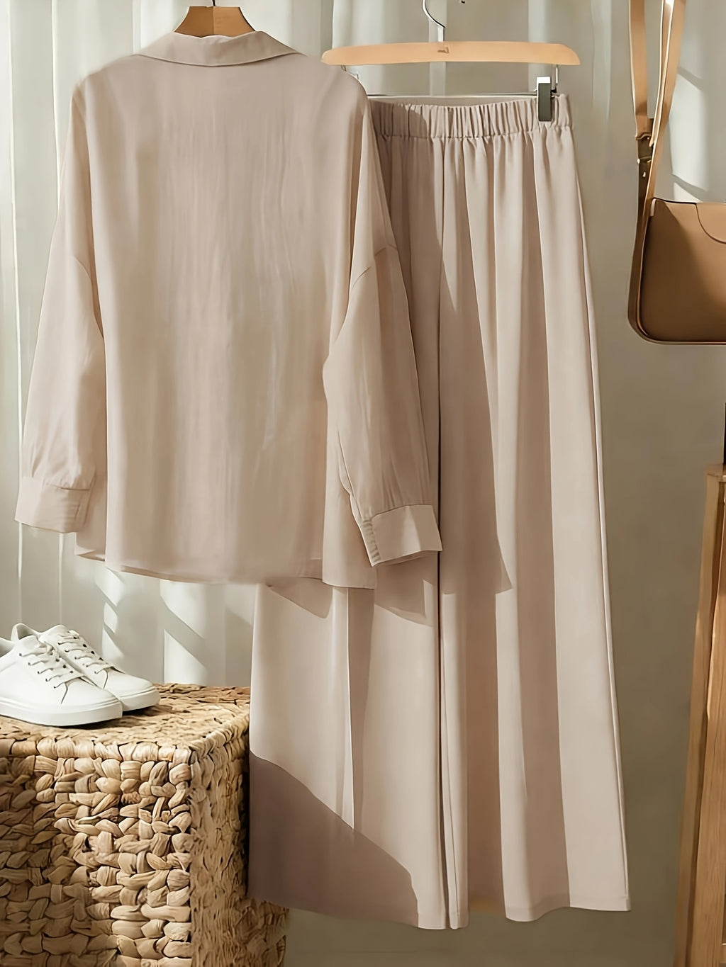 AK260514094 Women's Fashion Commuter Lapel Button- Long Sleeve Shirt and Elastic Waistband Patch Pocket Wide-Leg Long Pants 2pcs Set - Khaki