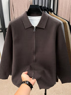 Xingfan Autumn/Winter Men's Long-Sleeve Open-Front Cardigan Lapel Business Casual Solid Color Chunky Knit Full-Zip Thickened Outerwear Jacket - Coffee Color