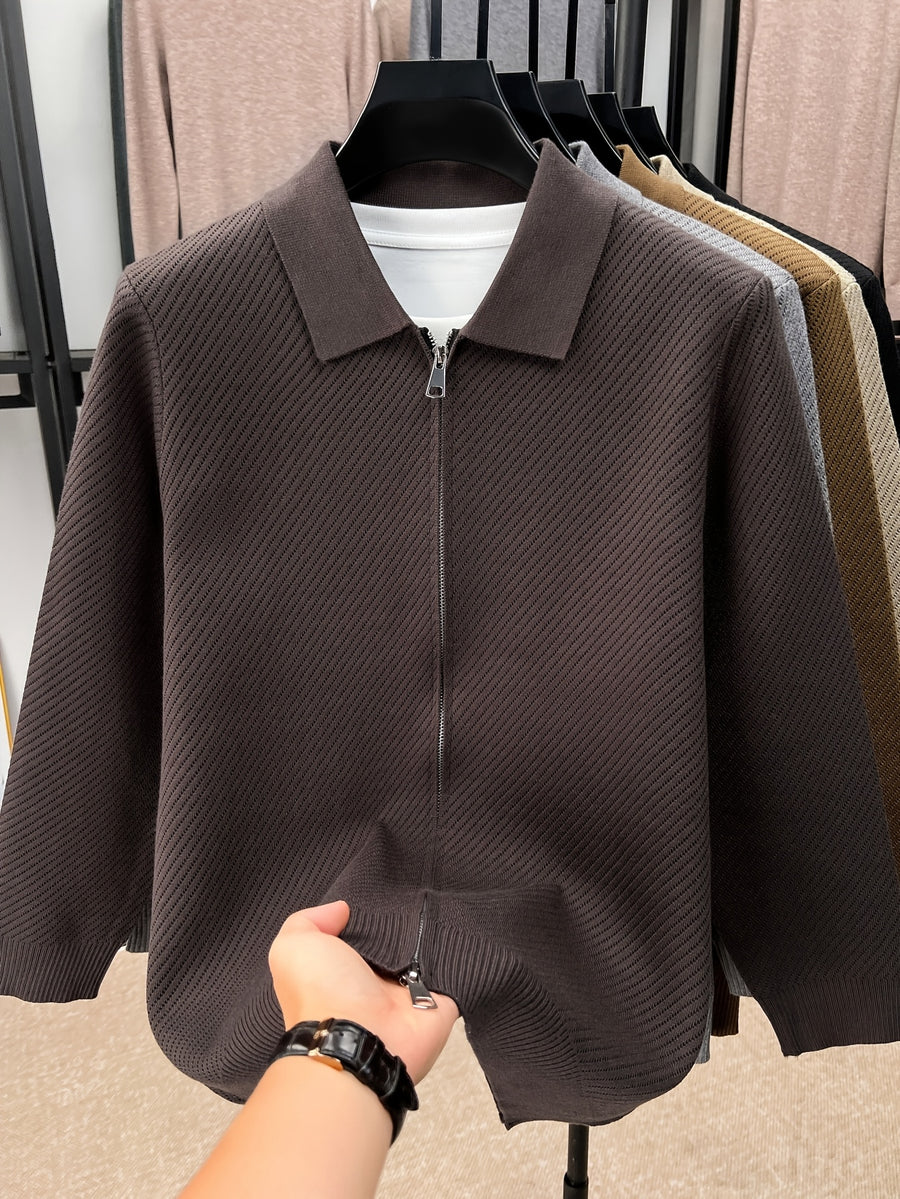 Xingfan Autumn/Winter Men's Long-Sleeve Open-Front Cardigan Lapel Business Casual Solid Color Chunky Knit Full-Zip Thickened Outerwear Jacket - Coffee Color