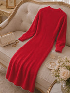Women's Casual Plush Maxi Dress, V-Neck Long Sleeve Button Front Split Sweater Dress, Versatile for Autumn/Winter Daily Commuting, Soft and Comfortable Fabric, Christmas Style, Suitable for Party Outfits and Banquet Attire - Red