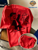 Warner Authorized New Preppy Style Men'S Short Sleeve T-Shirt, Hand-Drawn Sketch Style Cartoon Creative Niche Pattern Print, Chest with "TOM" Letter Sketch, Unique And Non-Mass-Produced, Comfortable Breathable Skin-Friendly Fabric - Red