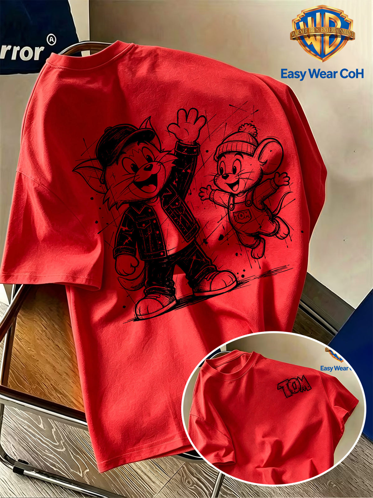 Warner Authorized New Preppy Style Men'S Short Sleeve T-Shirt, Hand-Drawn Sketch Style Cartoon Creative Niche Pattern Print, Chest with "TOM" Letter Sketch, Unique And Non-Mass-Produced, Comfortable Breathable Skin-Friendly Fabric - Red
