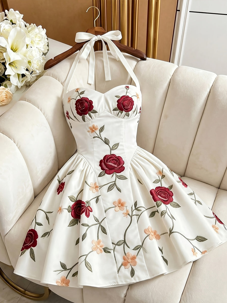 Elegant Rose Print Halter Neck Waist-Cinching A-Line Short Dress - White