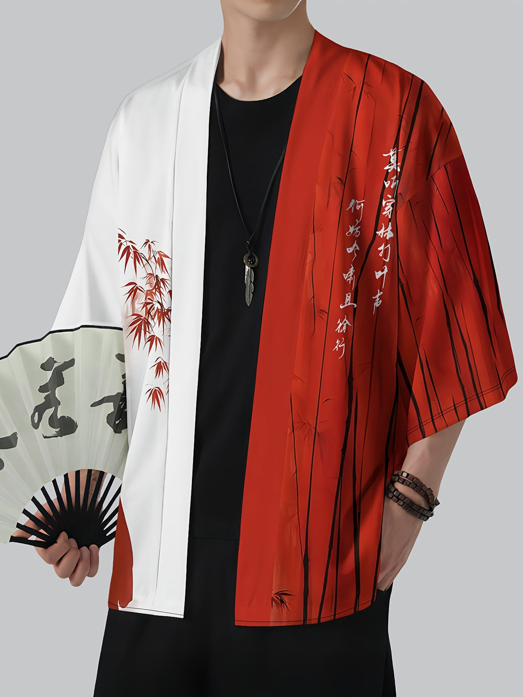 Men'S Casual Shirt, Chinese Style Open Cardigan, Ethnic Costume, Kimono - Red