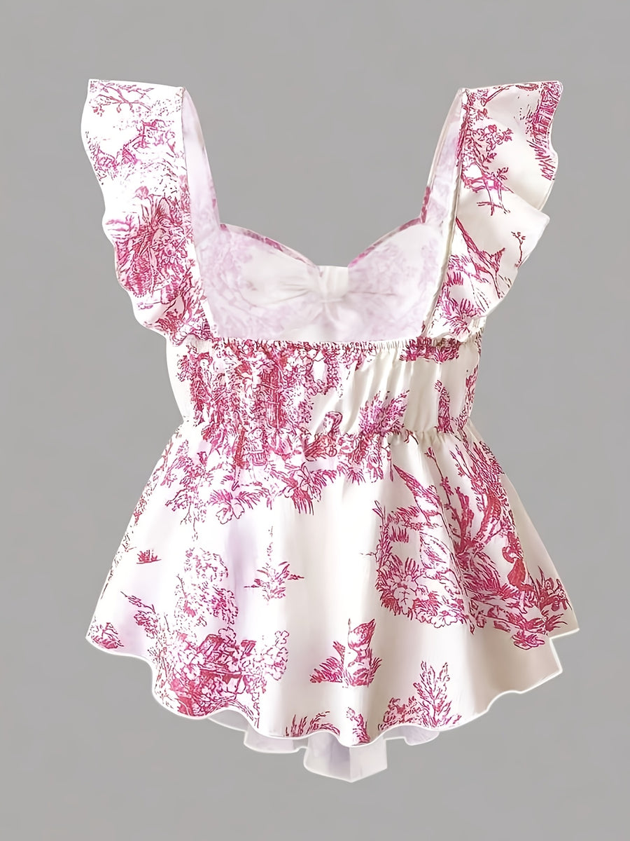 Elegant Summer Dress for Women in White and Pink Textured Print, Featuring a Fitted Vest Design with Ruffle Trim for Festive Tea Parties. Adorned with a Bow Detail, It's Perfect for Valentine's Day Wear - Mixed colors