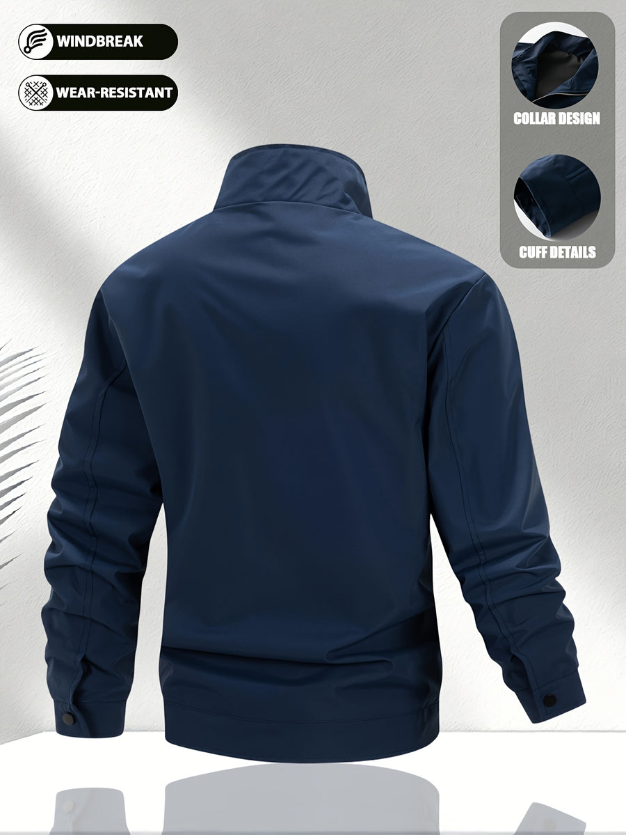 Men'S Solid Color Stand-Collar Jacket, Street Casual Campus Outing Style, Lightweight Windproof Practical Fabric, Minimalist All-Match Cargo Style, Spring/Autumn Standard Fit - 637 - Deep Blue