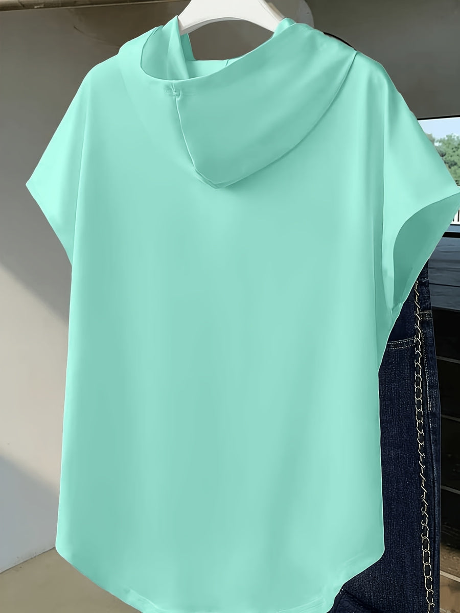 1pc Minimalist Black And White Butterfly Cold Style Advanced Print Y2K Style Women'S Sportswear Hooded Loose Design Soft And Comfortable Top Elegant Fashionable T-Shirt Hooded Short Sleeve - Cyan
