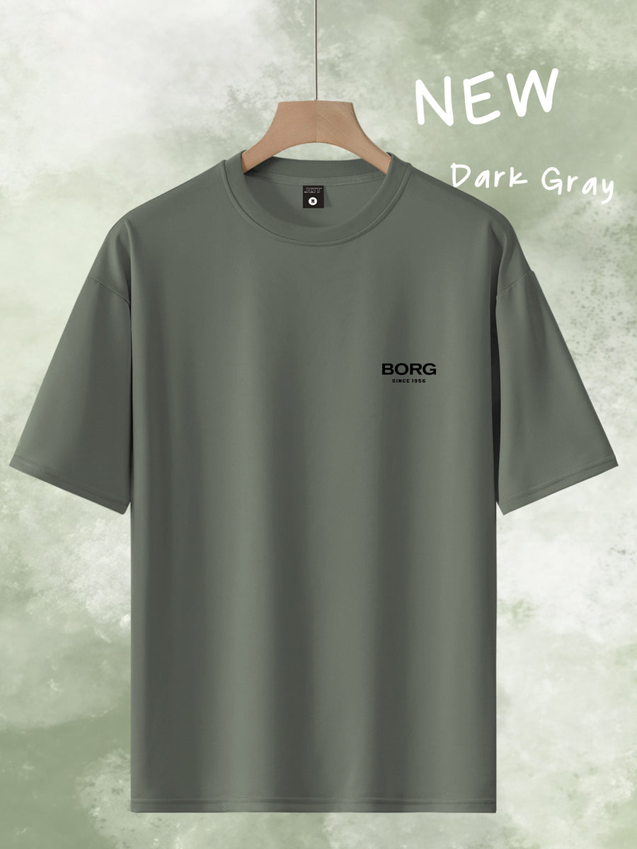 Men's Trendy Loose-Fit Crew Neck T-Shirt, Casual Daily Short-Sleeve Tee, BORG 1956 Vintage Letter Print, Simple and Versatile Top, Suitable as a Gift - Grey