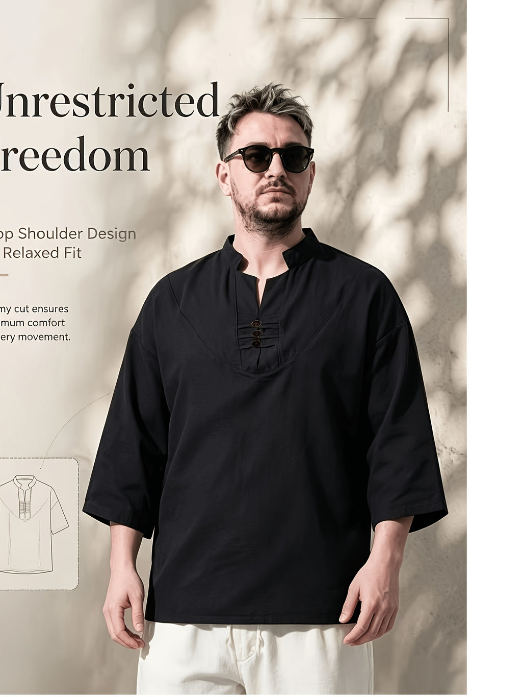 Men's Casual Shirt, New Linen V-Neck Casual Shirt for Daily Wear, Three-Quarter Sleeve Design, Suitable as a Gift! - Black