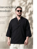 Men's Casual Shirt, New Linen V-Neck Casual Shirt for Daily Wear, Three-Quarter Sleeve Design, Suitable as a Gift! - Black