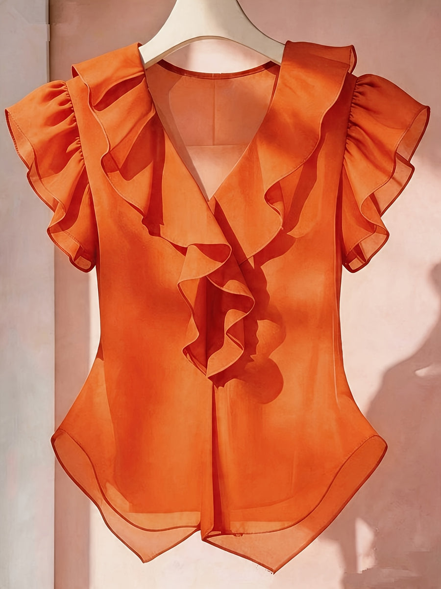 Summer French Solid Ruffled Fly Short Sleeve Shirt Chiffon Top Women'S - Orange