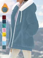Ladies Autumn Winter Relaxed Cut Plush Hooded Outercoat, Contrast Color Trim Zip Front Warm Lined Jacket, Ribbed Cuff Windproof Casual Outerwear for Daily Commuting and Cold Season Everyday Styling - Blue