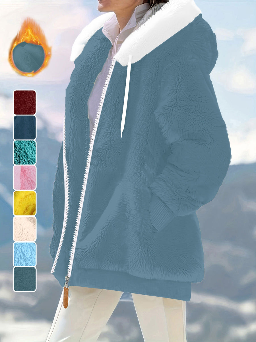 Ladies Autumn Winter Relaxed Cut Plush Hooded Outercoat, Contrast Color Trim Zip Front Warm Lined Jacket, Ribbed Cuff Windproof Casual Outerwear for Daily Commuting and Cold Season Everyday Styling - Blue
