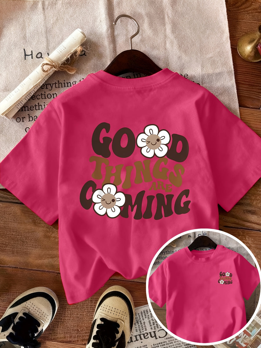 2026 Fashion New Women'S Round Neck English Letter Floral Print Fashion Short Sleeve Summer Casual T-Shirt - Rose Red