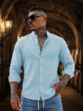 Men's Solid Color Casual Stand Collar Button- Long Sleeve Shirt. The Solid-colored Fabric Offers a Comfortable Feel, Making It a Great Gift for a Husband or Boyfriend for Home, Outings, Travel, and Beach Vacations. Men's Long Sleeves, Men's Tops - Sky Blue