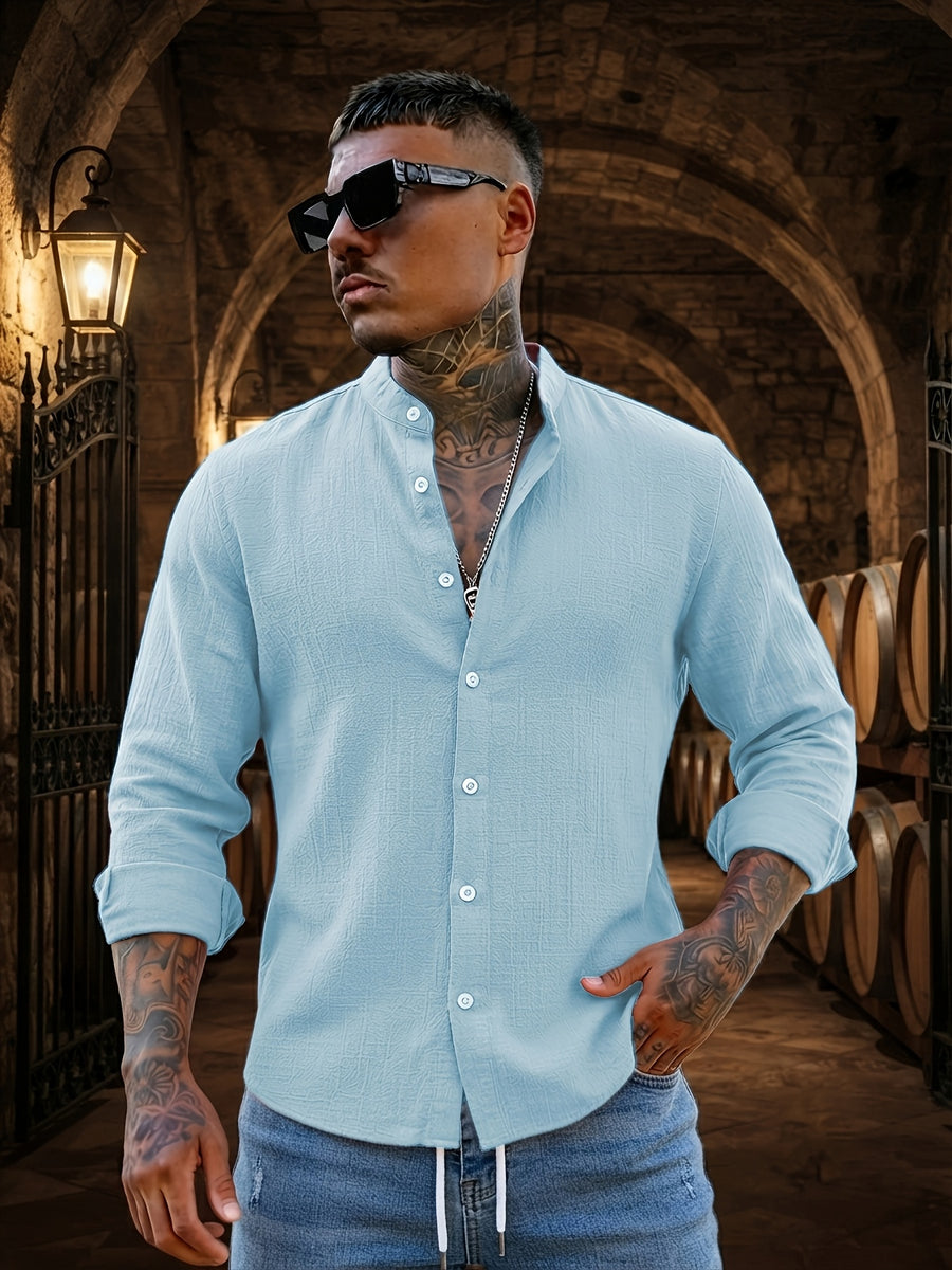 Men's Solid Color Casual Stand Collar Button- Long Sleeve Shirt. The Solid-colored Fabric Offers a Comfortable Feel, Making It a Great Gift for a Husband or Boyfriend for Home, Outings, Travel, and Beach Vacations. Men's Long Sleeves, Men's Tops - Sky Blue