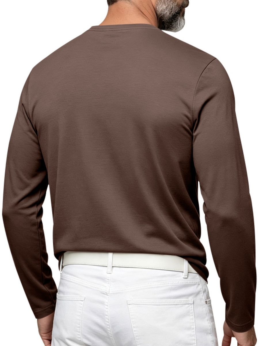 Vintage Men'S Henley Long Sleeve T-Shirt, Loose Stretch Lightweight Top with Pocket, Casual Daily Commute Shirts for All Seasons - Brown