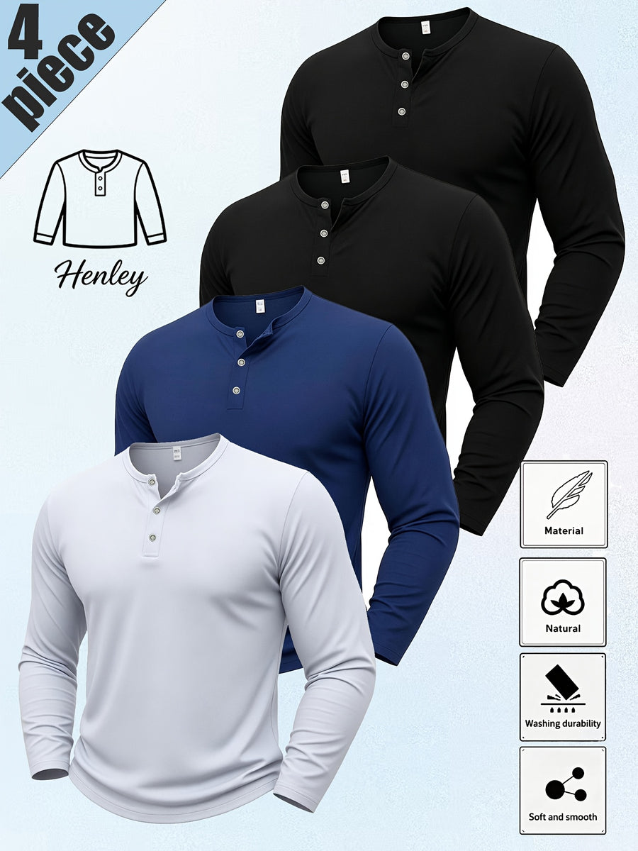 4pcs Set of Men'S Solid Color Henley Long-Sleeve T-Shirts, Classic Three-Button Collar Design, Slim Fit, Basic Tops, Soft Natural Breathable Fabric, Durable, Casual Everyday Layerable T-Shirts, Versatile Men'S Autumn Basic Shirts - Black+Black+Navy Blue+White