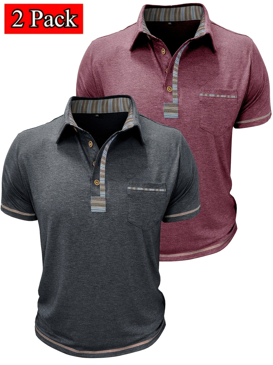 Set of 2 Men'S Short-Sleeve Polo Shirts, Casual Vintage Collared Pocket Tees, Henley Shirts - Black+red