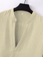 Men'S V-Neck Linen Long Sleeve T-Shirt, Loose Casual Pullover Top, Vacation Style Breathable Solid Color Beach Top - Khaki