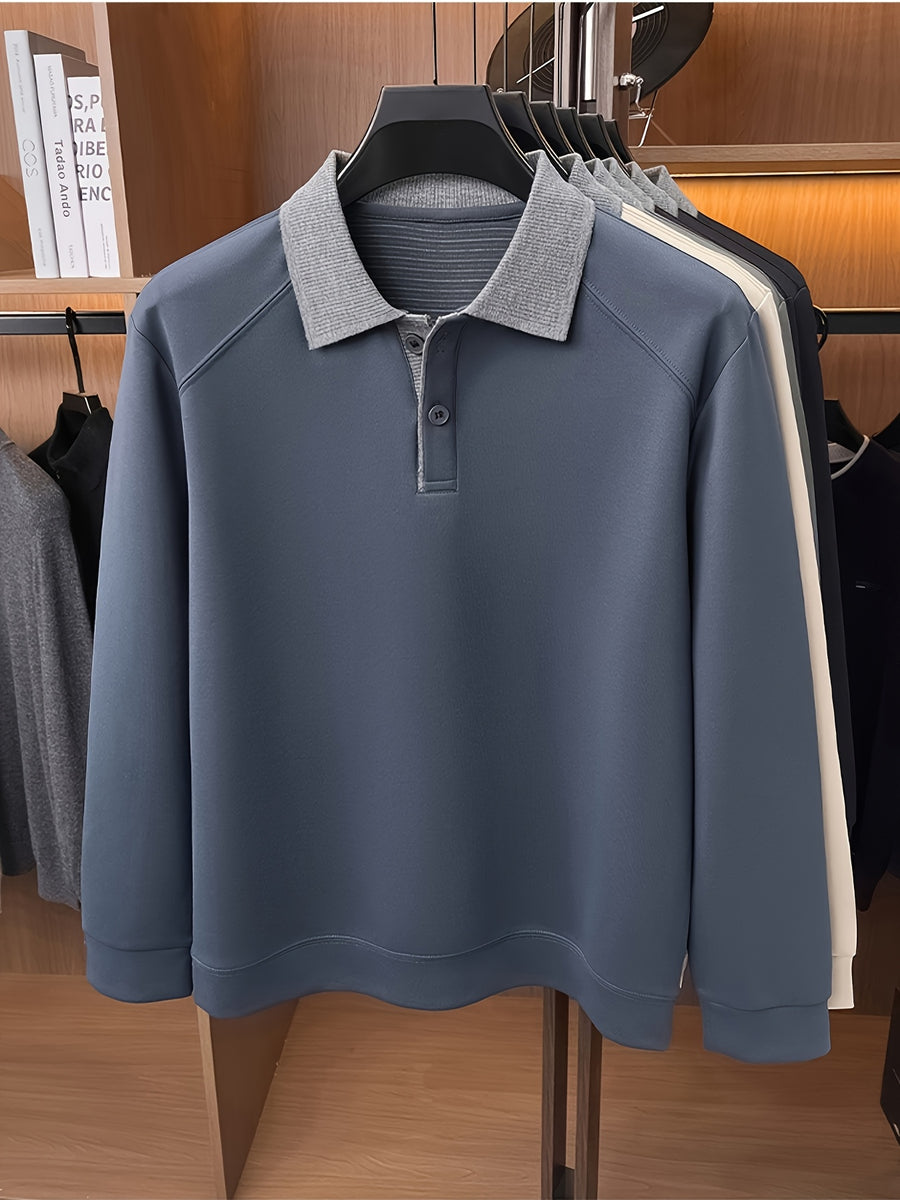 Autumn Contrast Collar Long Sleeve Polo Shirt, Men'S Drop Shoulder Knit Pullover, Spring Autumn Business Casual Base Layer Top, Loose Patchwork Collar T-Shirt, Casual Fishing Top - Grey-blue
