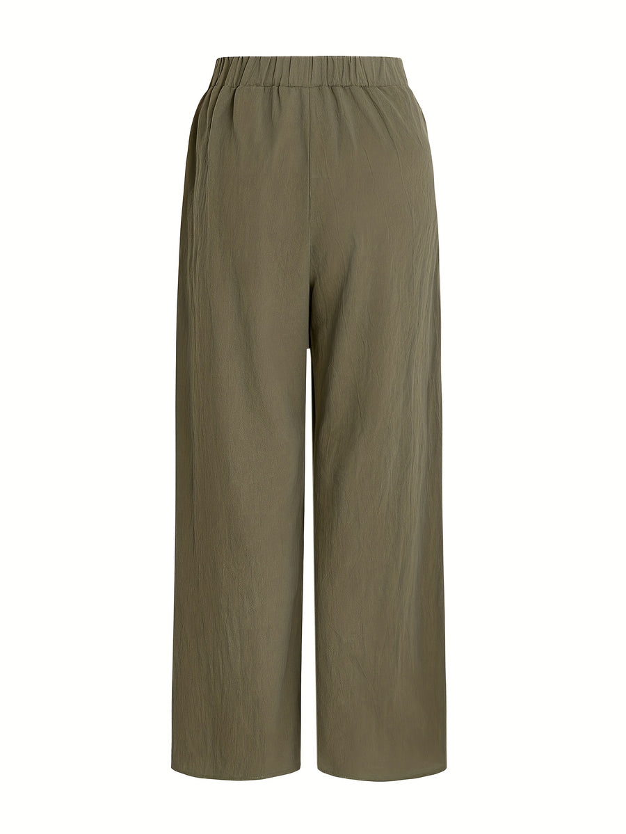 Elegant Special Wide-Leg Pants, Embroidered, Simple, Casual, Wide-Leg, Spring/Autumn, Women's Trousers "YT - Olive Green