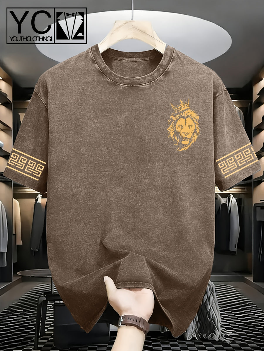 Men'S Short-Sleeve T-Shirt with Trendy Greek Key Pattern Print on Cuffs And Distressed Wash End; Machine-Washable, Loose-Fit Crewneck Top with Textured Washed Look - Coffee Color